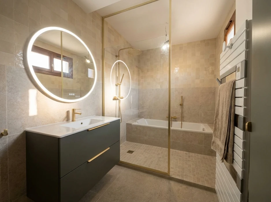 Salle de bains moderne rénovée, sans personnage