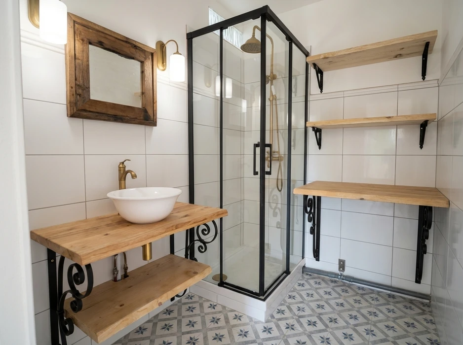 Salle de bain moderne rénovée avec carrelage grand format gris béton