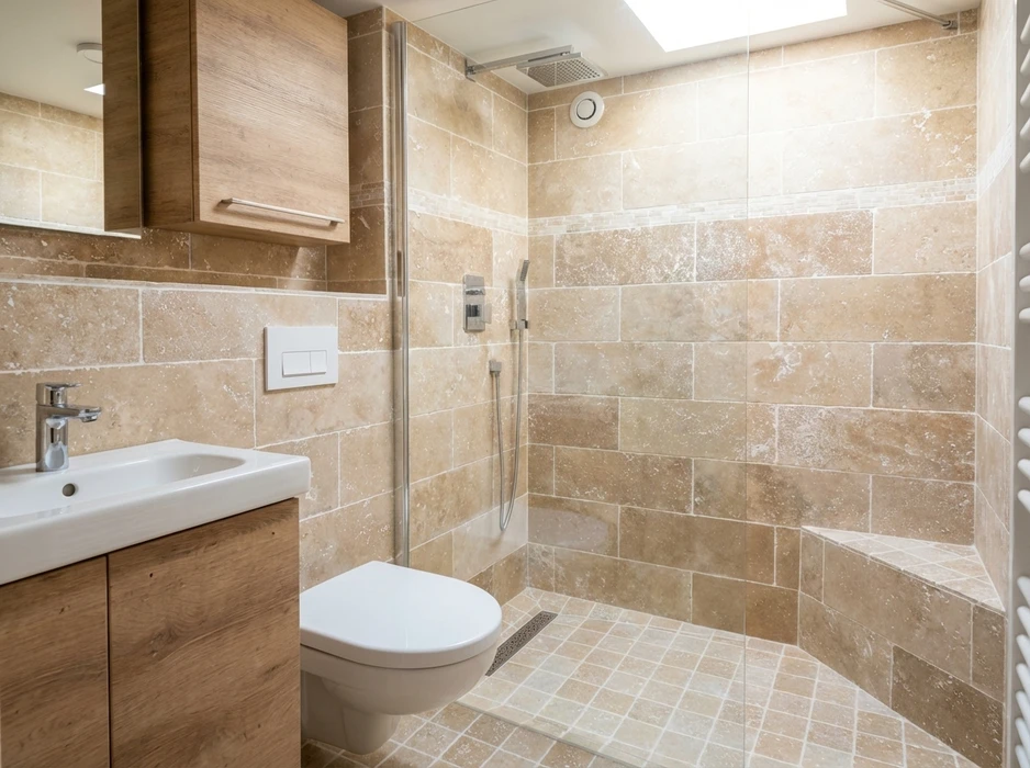 Salle de bain moderne avec douche à l'italienne carrelée en zellige vert foncé disposé en chevrons, robinetterie et profilés en laiton brossé doré