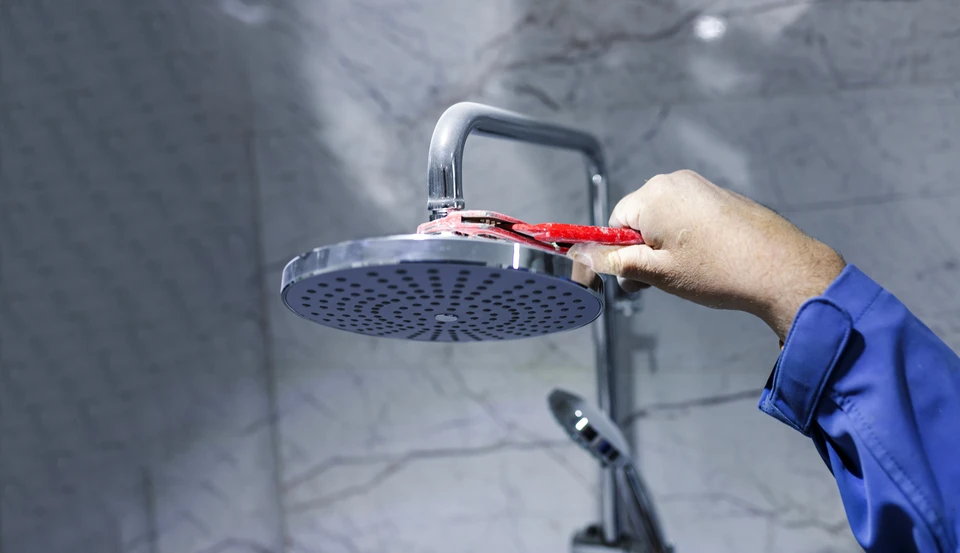 Intérieur salle de bain, personne appliquant joint silicone avec pistolet à calfeutrer vert le long du rebord baignoire blanche