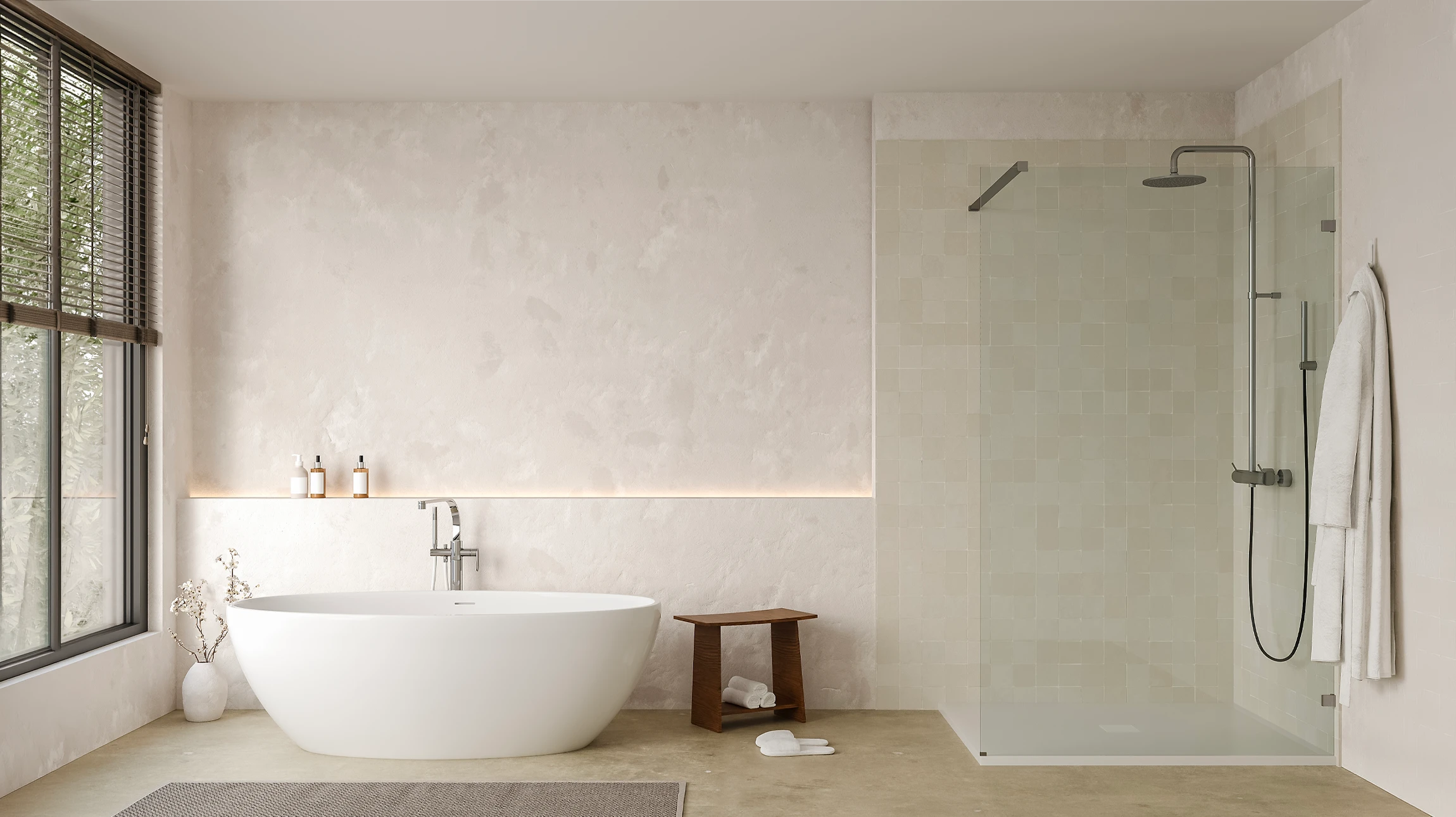 Salle de bain moderne avec douche italienne à paroi vitrée, meuble vasque en bois clair suspendu, vasque à poser blanche, robinetterie chromée