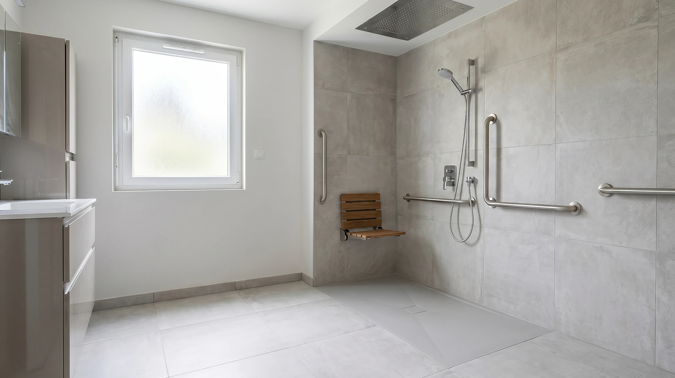Salle de bain moderne avec douche à l'italienne, carrelage métro blanc, verrerie noire mat
